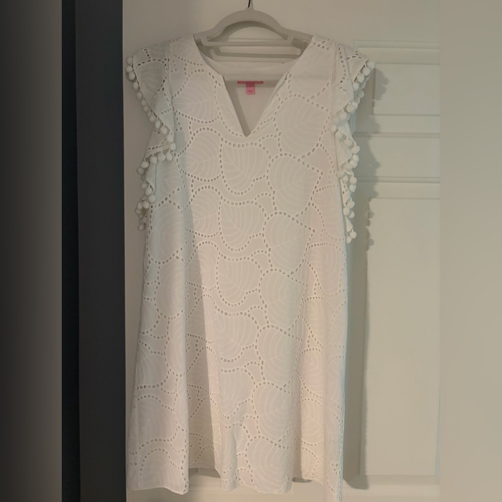 Lilly Pulitzer White Eyelet Dress with Pom Pom Sleeves